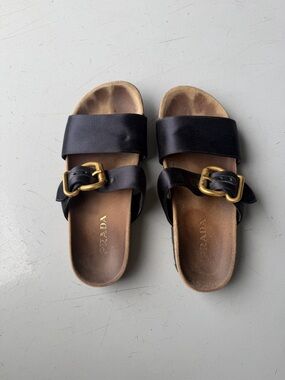 Prada Black Leather Slide Sandals with Gold Buckles